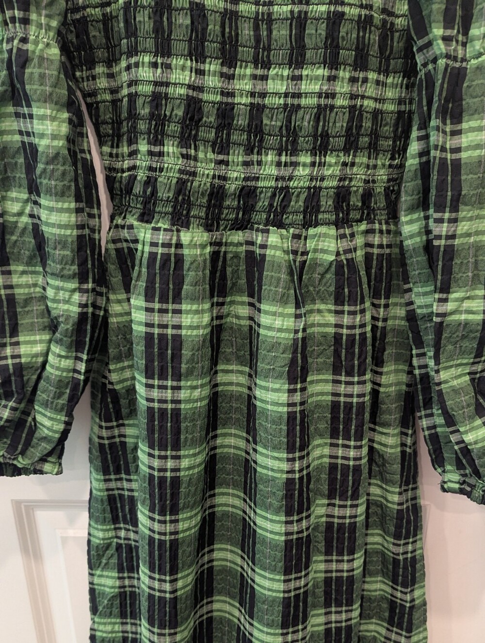 Ganni Green Black Plaid Smocked Maxi Dress Size 34 Cotton Europe Summer Long - Picture 8 of 10